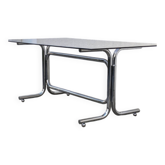 Dining table, desk, vintage 1970 chrome smoked glass