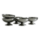 5 silver metal cups.