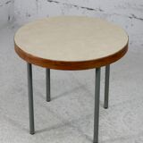 Side table tubular steel base, round top strapping wood, France, circa 1950