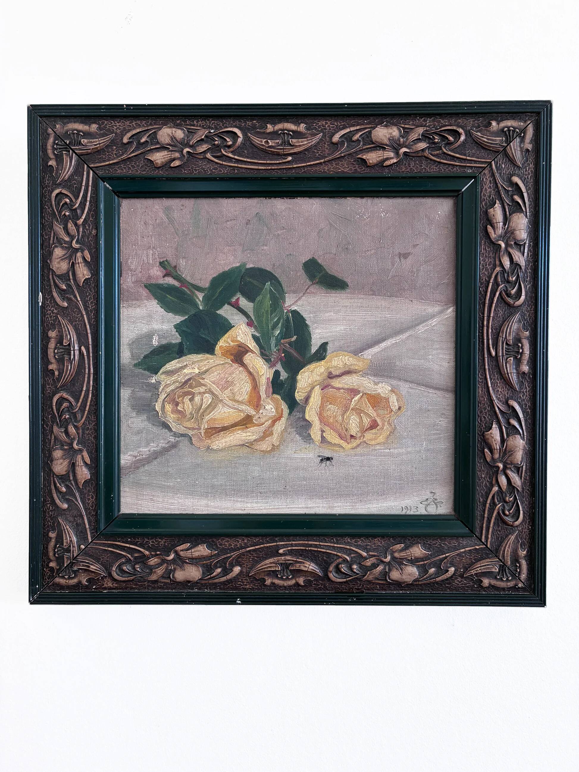 Antique original flower oil painting, yellow roses still life art