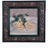 Antique original flower oil painting, yellow roses still life art