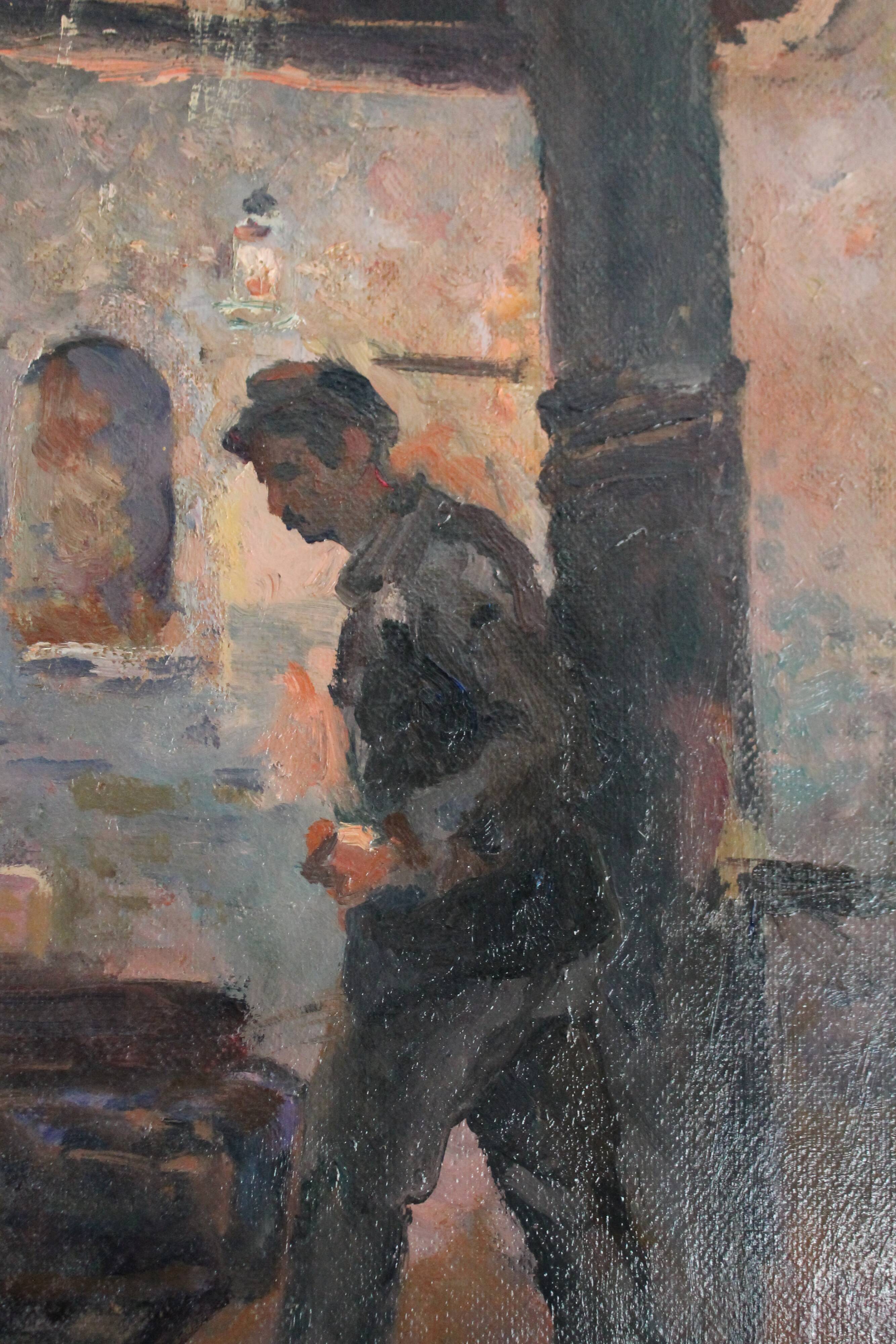 Oil on hardboard "Two workers at the press" post-impressionist painting