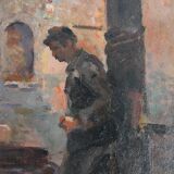 Oil on hardboard "Two workers at the press" post-impressionist painting