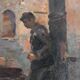 Oil on hardboard "Two workers at the press" post-impressionist painting