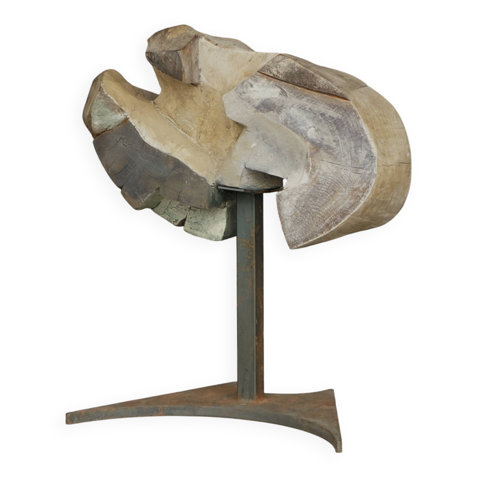 Sculpture abstraite brutaliste en bois et métal sculptés, années 1970