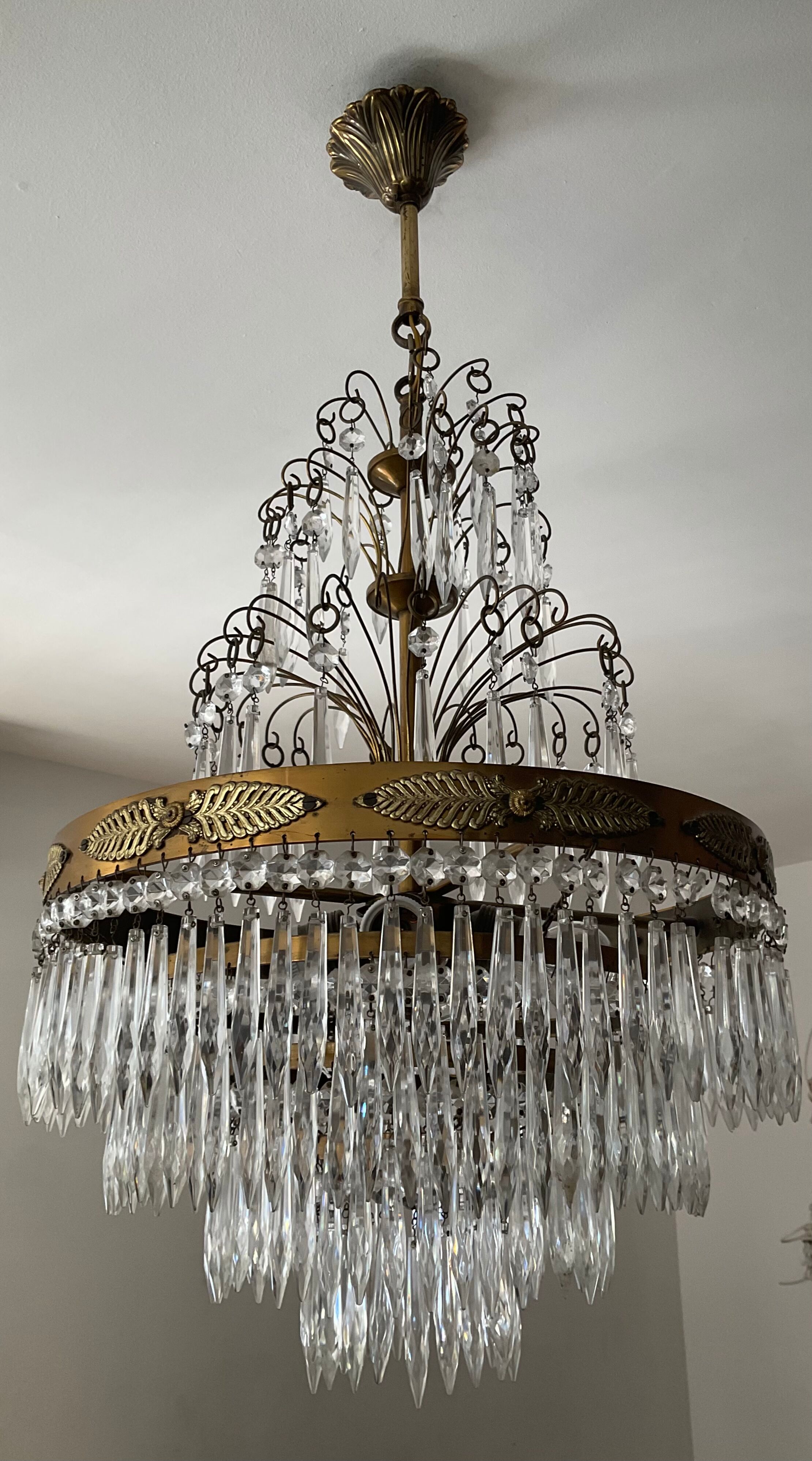Old Crystal Grapevine Waterfall Chandelier and Solid Bronze Frame