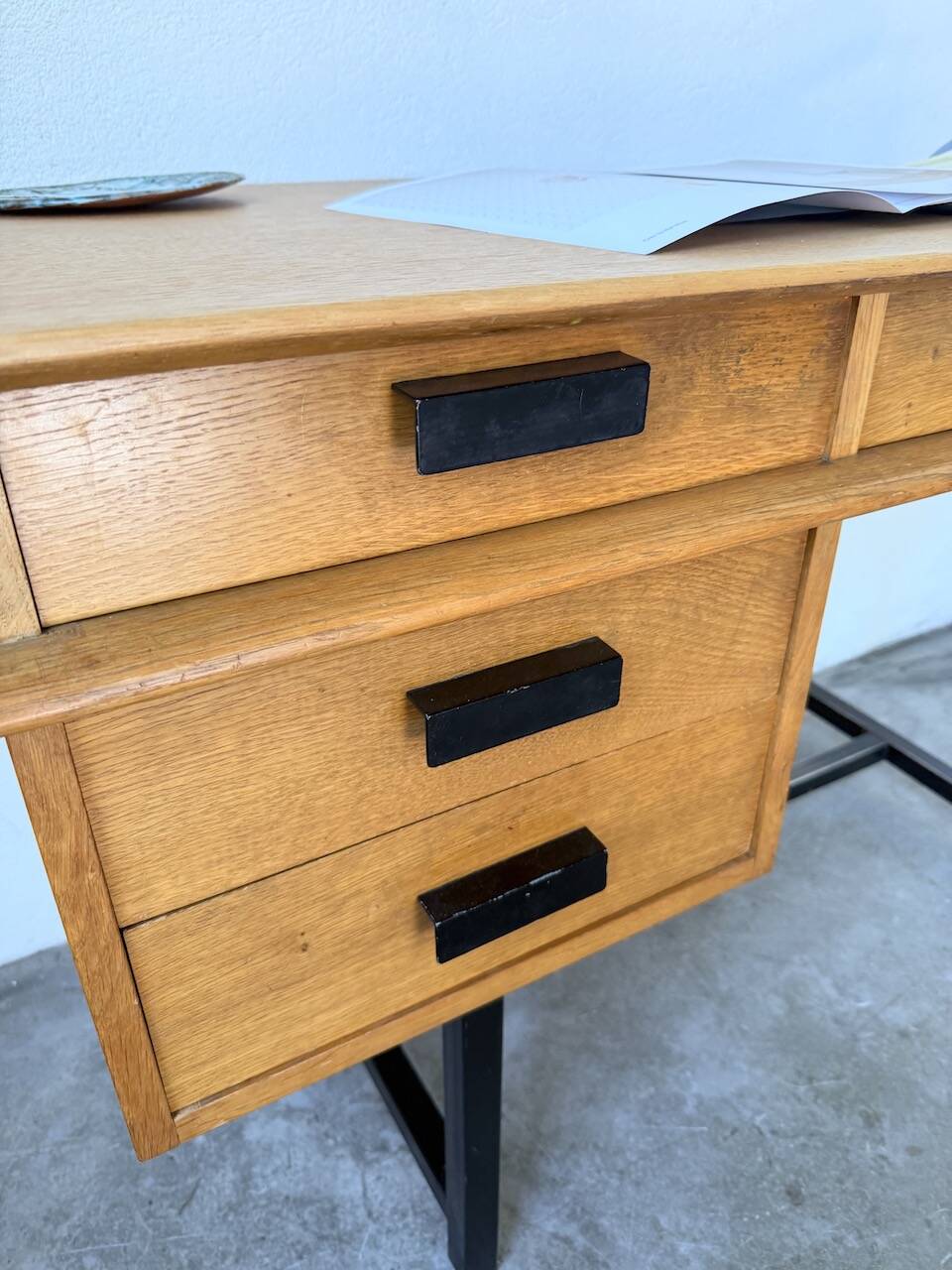 Modernist 50s oak metal desk