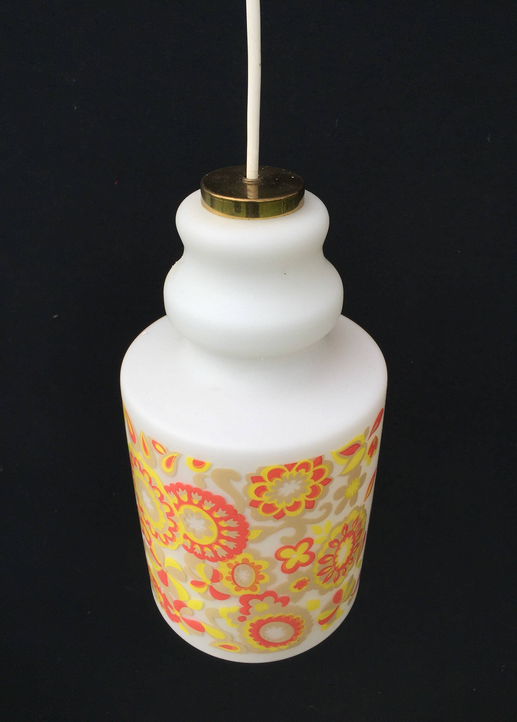 White and orange tube chandelier with seventies pop flowers