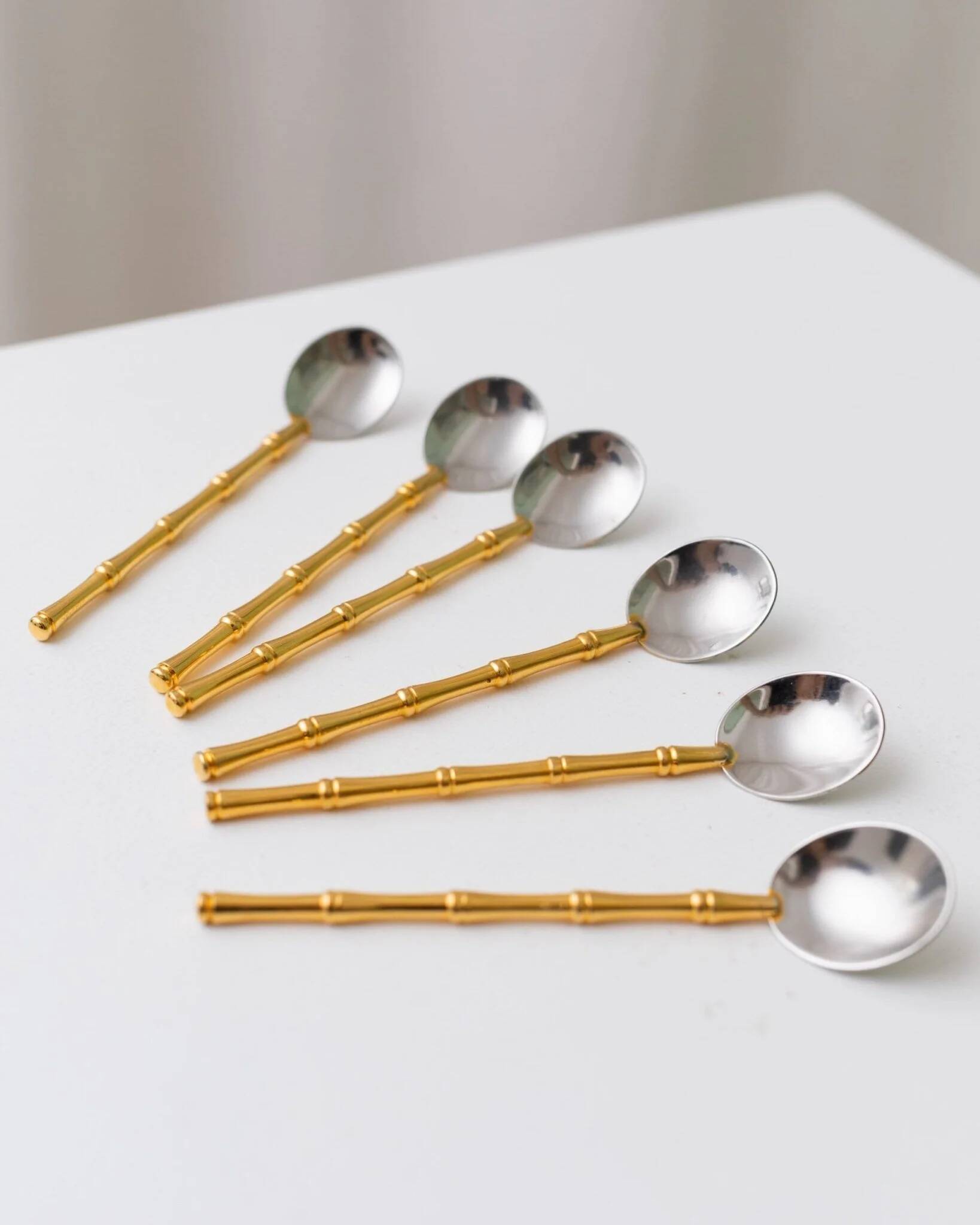 Two-Tone Gucci Bamboo Spoons Set - Gold-Plated Handles, Silver Bowls, Vintage 1970s Mid-Century Design