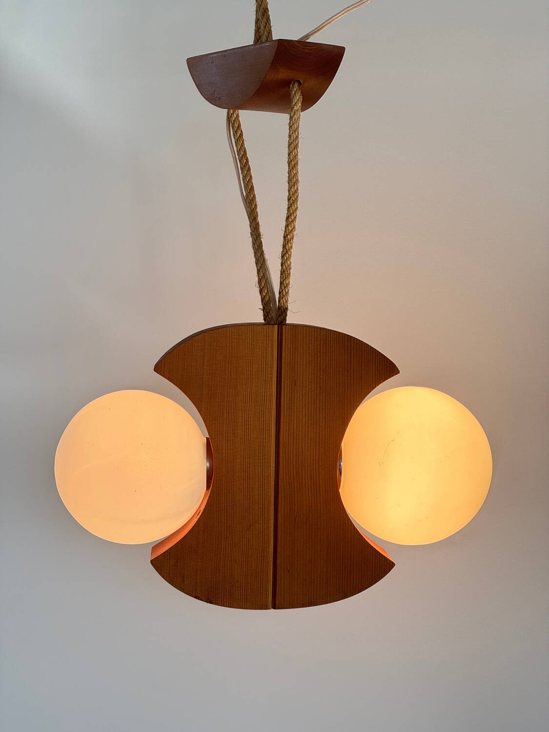 Scandinavian design chandelier pendant, rope, opaline and pine, from the 1980s