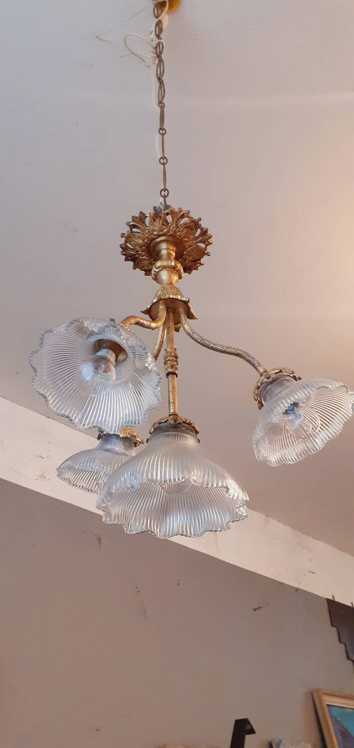 Chandelier in gilded bronze late 19th century around 1900 holophane glassware