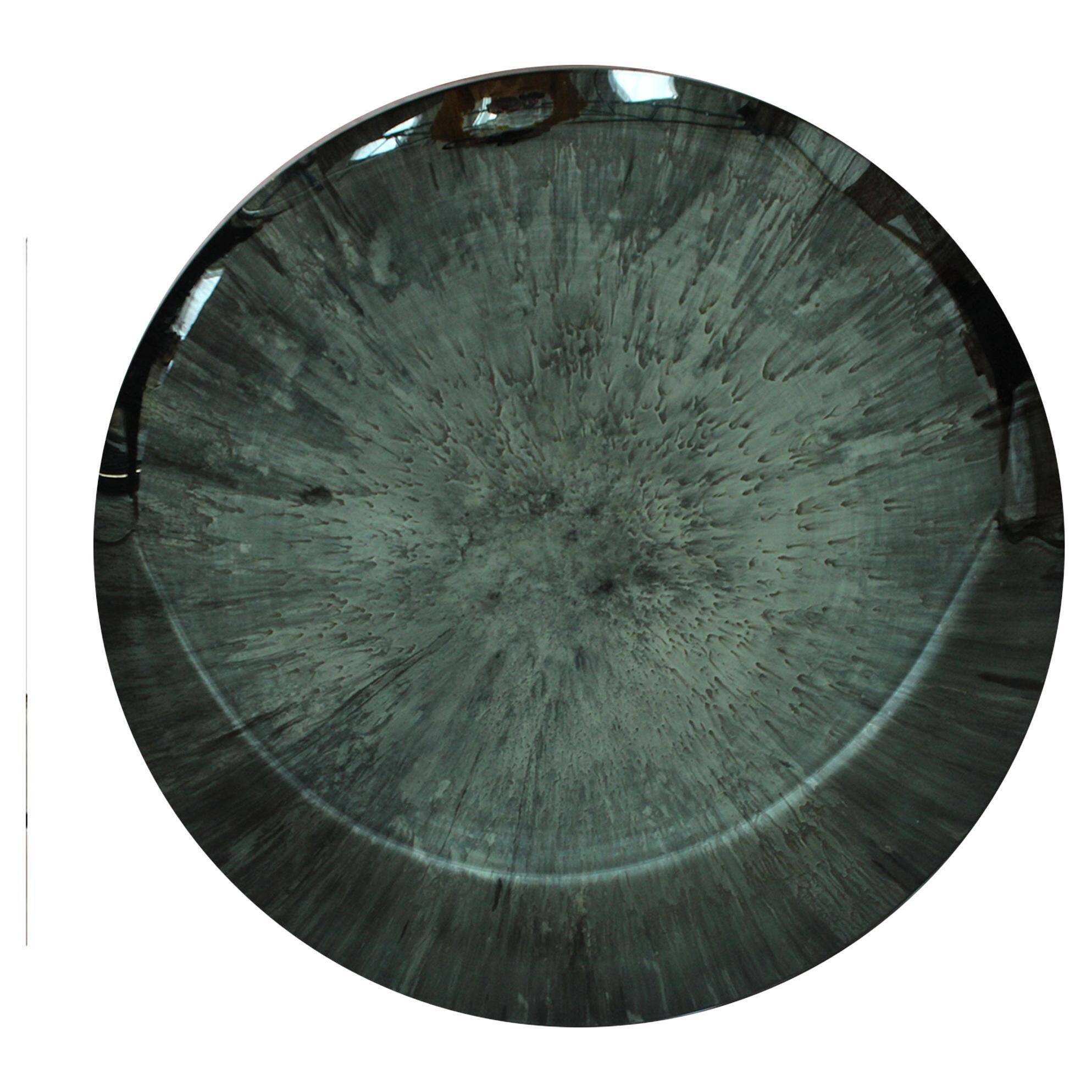 Modern Sculptural Concave Blue Glass Round French Mirror, Unique Piece