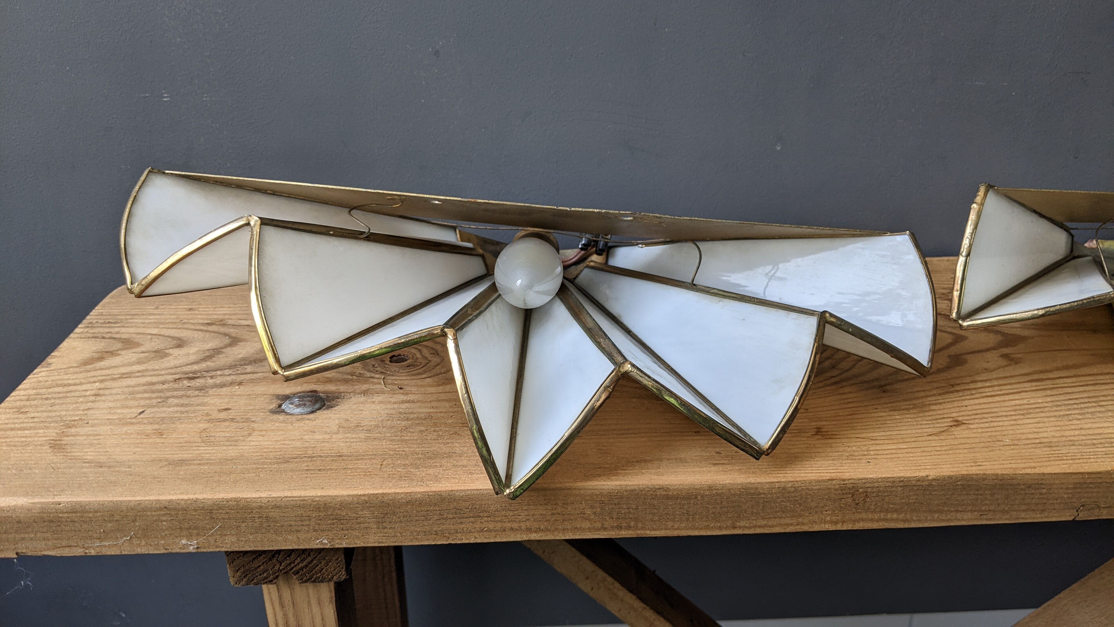 Pair of mother-of-pearl and brass fan wall lamps