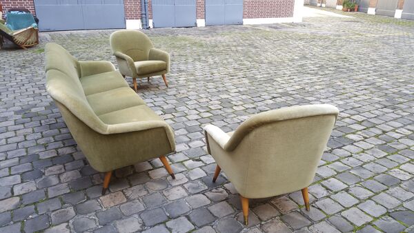 Ensemble de fauteuils Danois club organique années 50 Vert tendre glacé