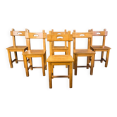 Ensemble de 6 chaises de salle à manger rustiques espagnoles, années 1960.