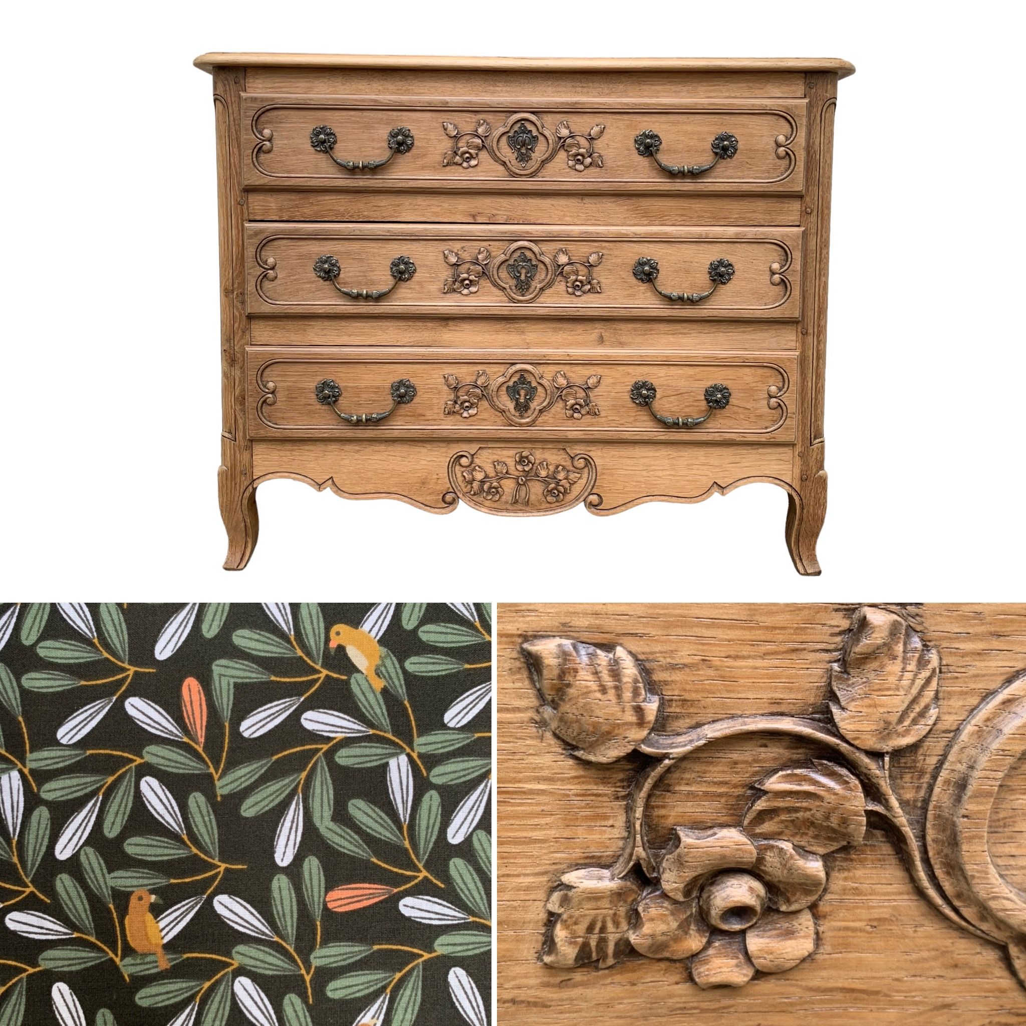 Louis XV style chest of drawers, solid raw oak, 1920.