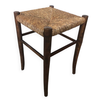 Wooden stool with compass feet + vintage woven straw seat