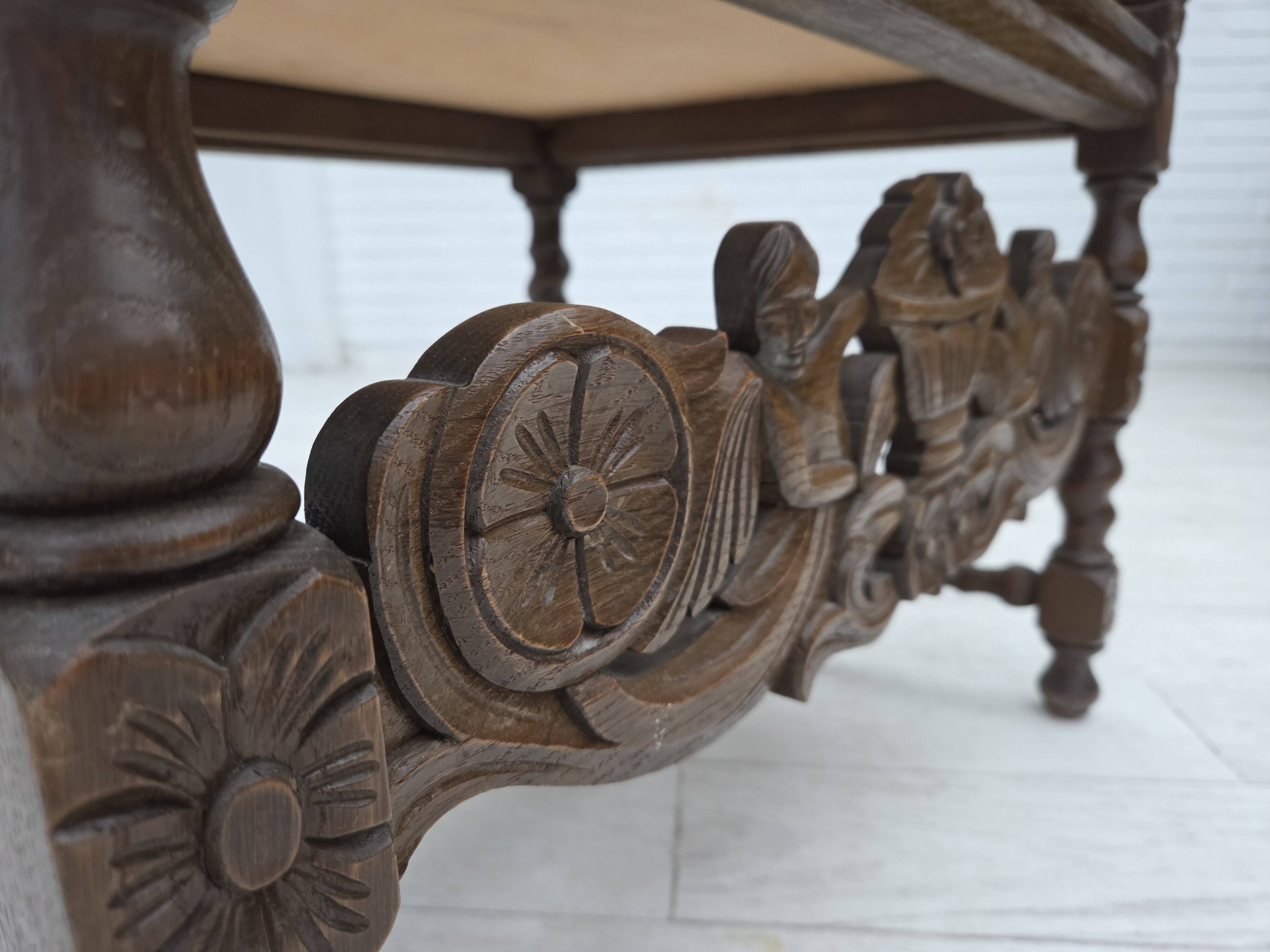 1930s, Danish highback armchair, furniture mesh, velour, carved oak wood.