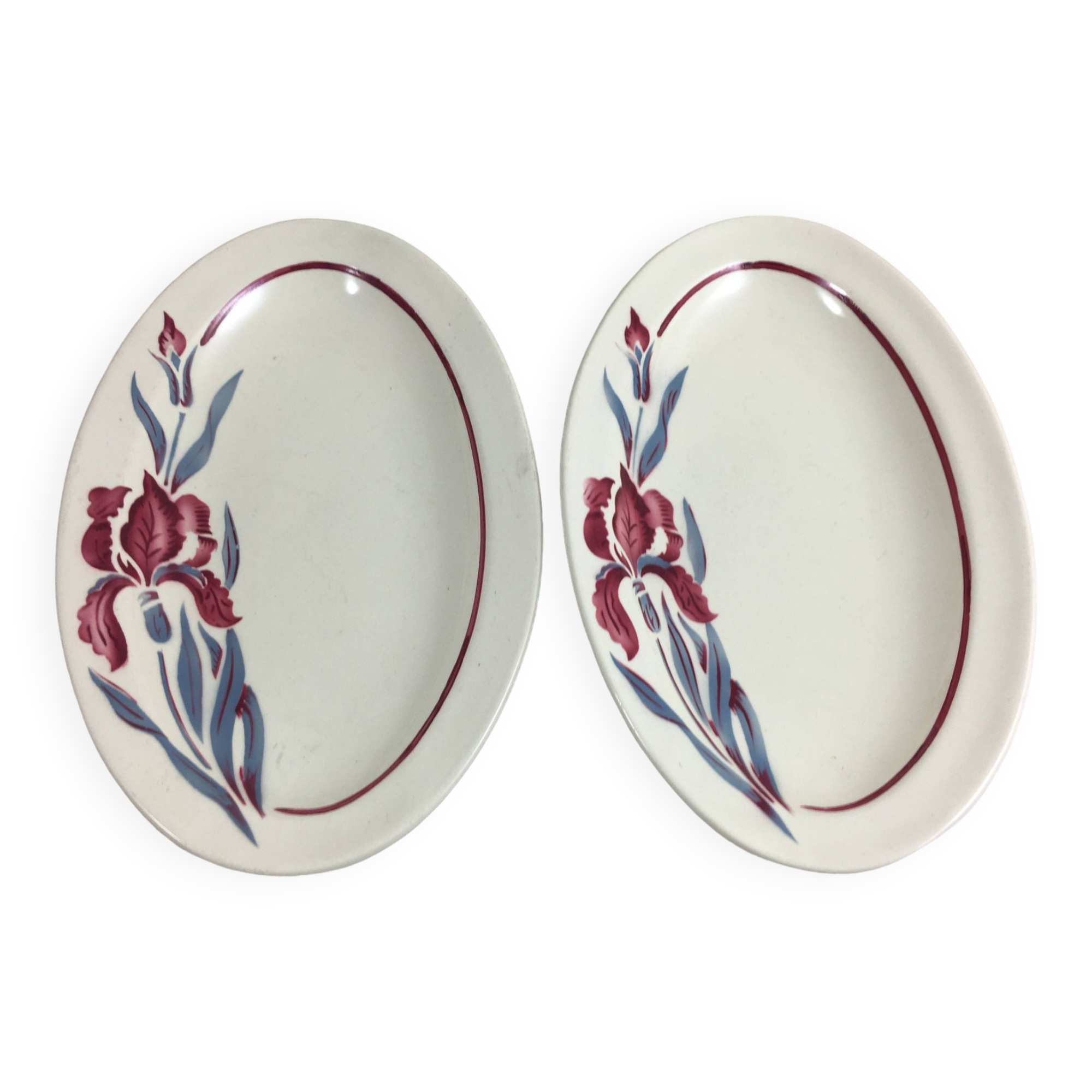 Ramekin x 2 Oval dish Old Model Iris Fleurs French manufacture signed Sarreguemines