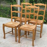 4 Louis XV chairs in solid blond oak and straw wood with shell sculptures