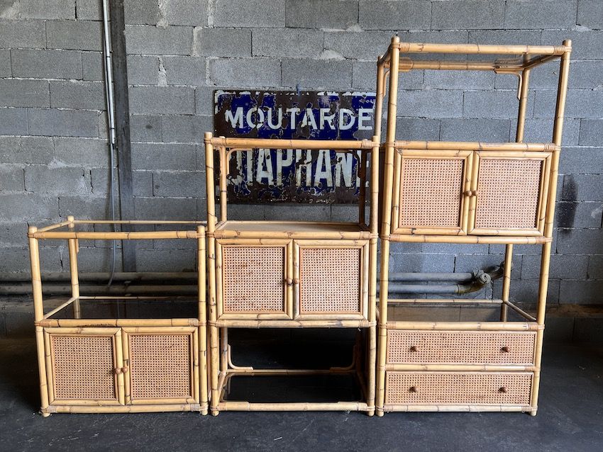 Bookcase, cannage in 3 modules and smoked glass trays - 70s