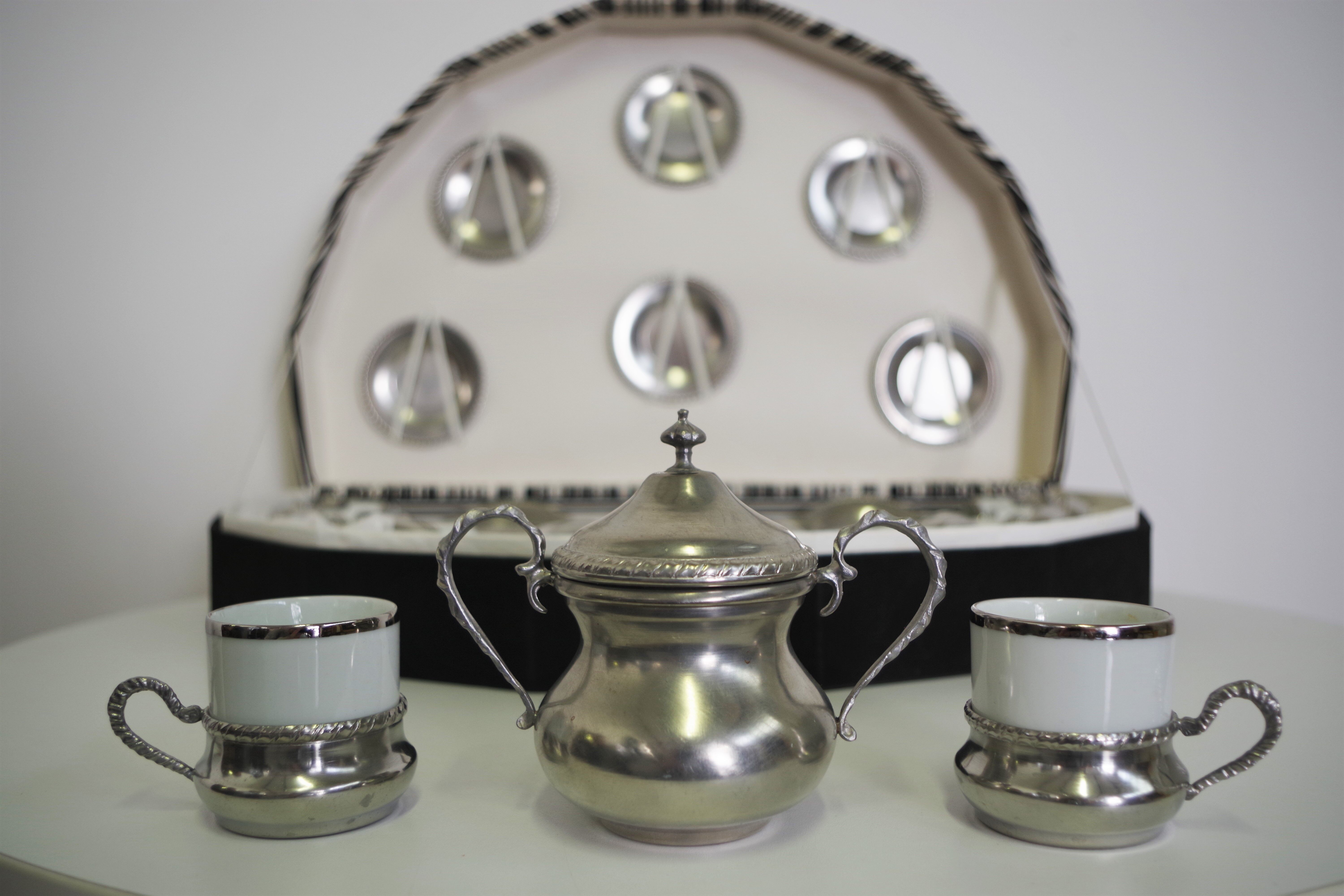 Silver and tin coffee set, 1970s, set of 25