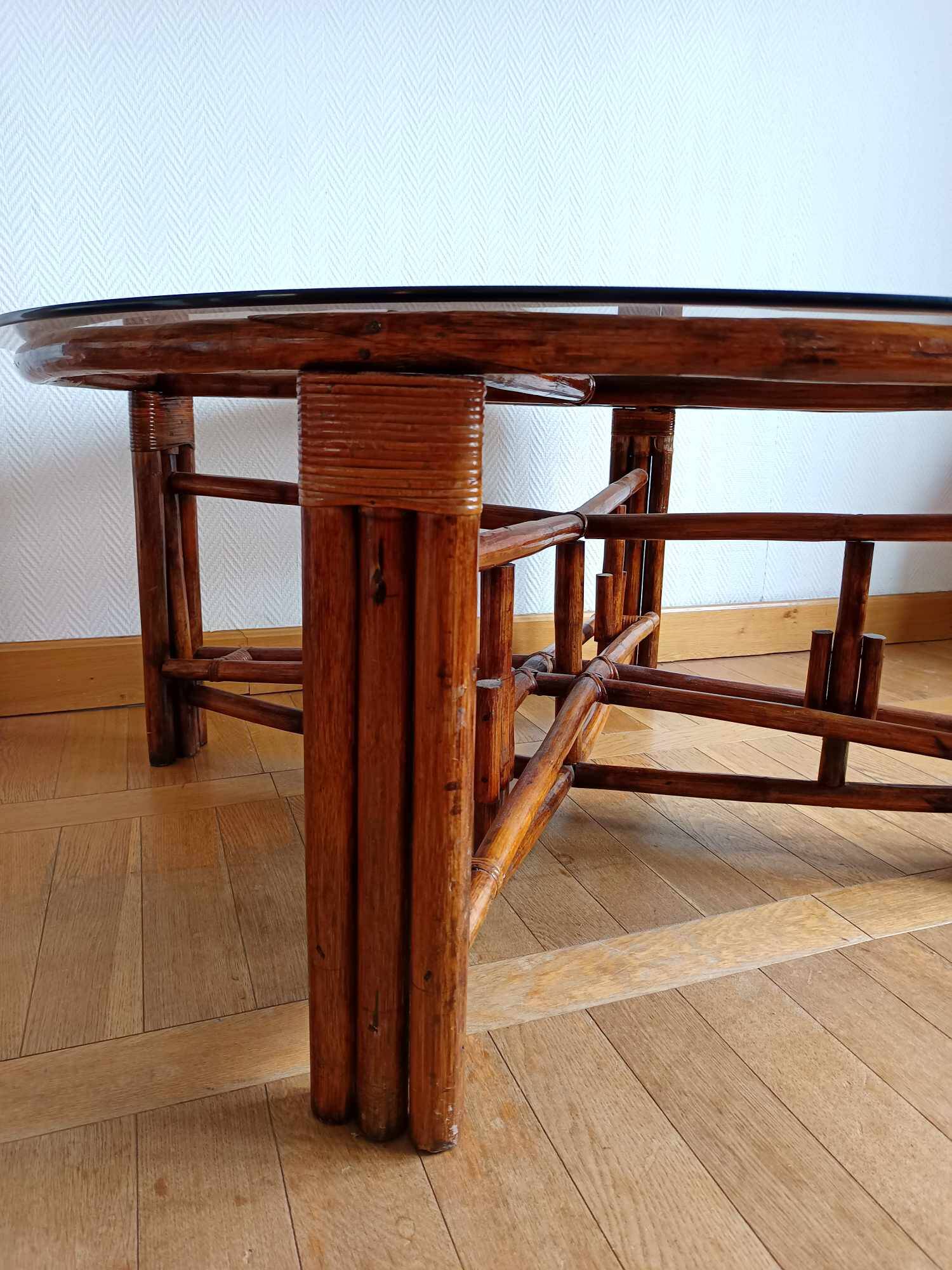 Vintage rattan and smoked glass coffee table from the 1970s