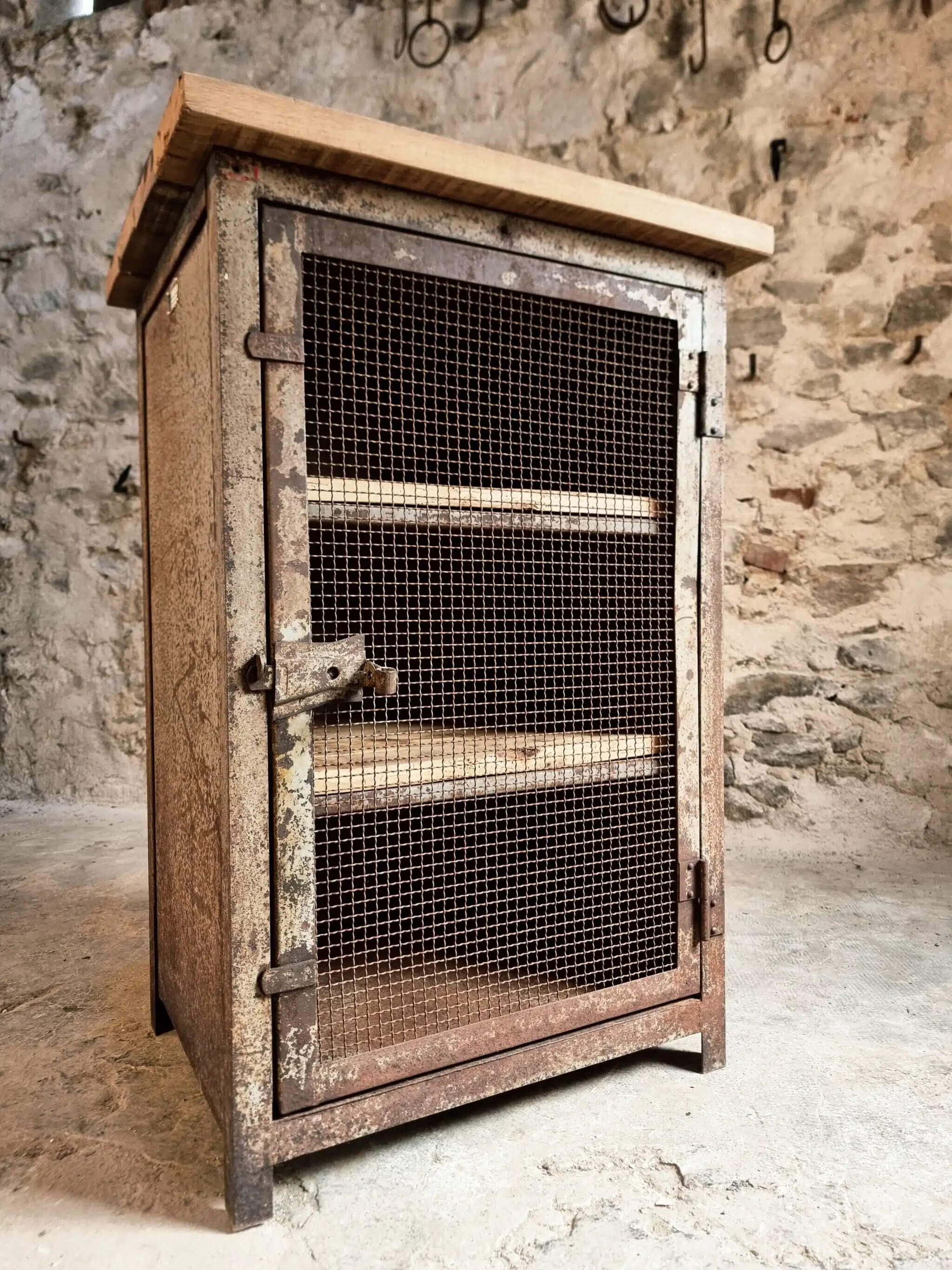 Rare French industrial military cabinet – Air Ministry, 1956 – Metal storage with oak top and wooden shelves
