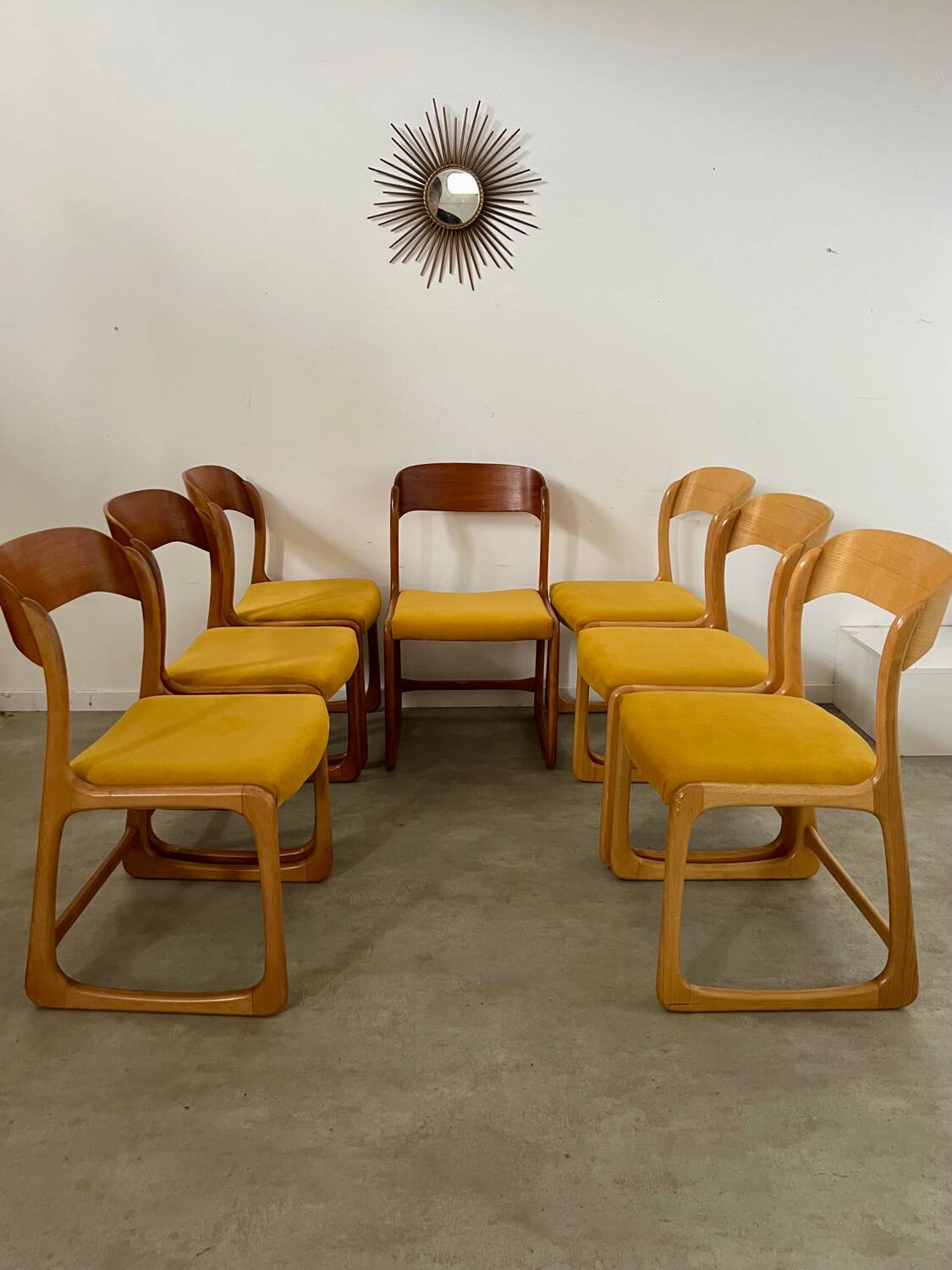 Set of 7 Baumann sled chairs in wood and mustard yellow fabric, 1960s