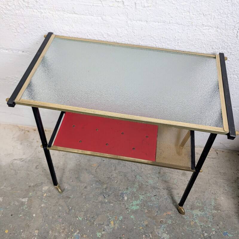 Vintage 1950s rolling dessert trolley with two shelves.