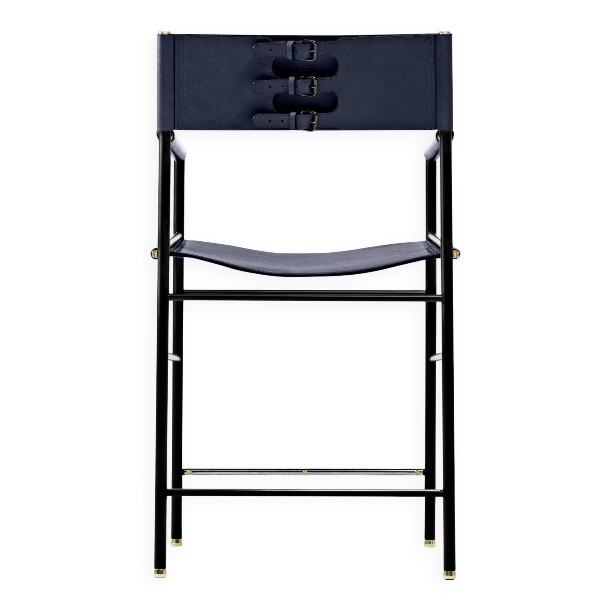 Timeless bar stool with a navy blue leather backrest and black metallic rubber.