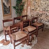 Chaises de salle à manger rustiques en teck et jonc de style français du milieu du siècle (x6)