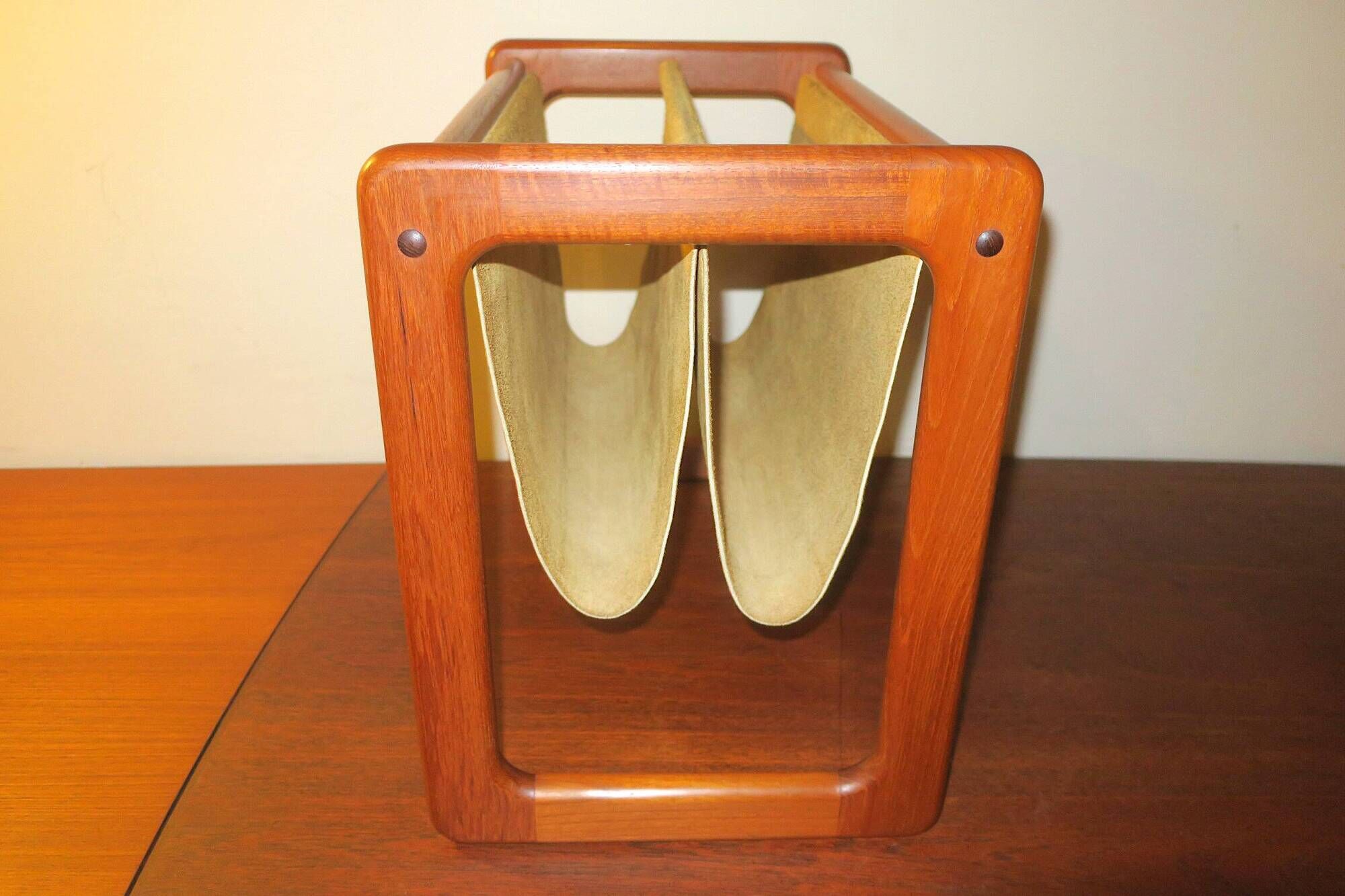 Magazinr rack in teak and suede leather by Aksel Kjersgaard, 1960s
