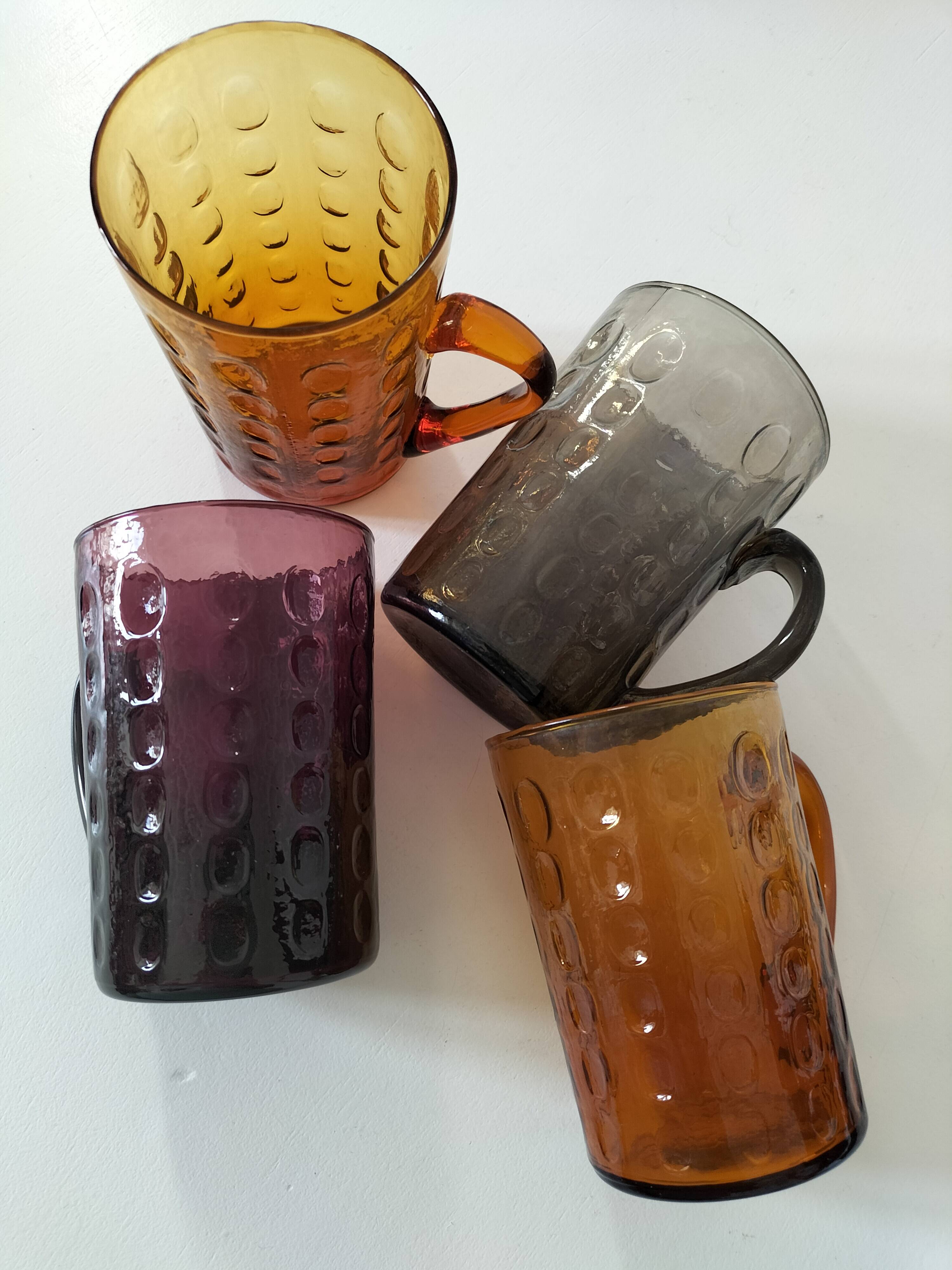 Set of 4 coloured pressed glass mugs, vintage style.