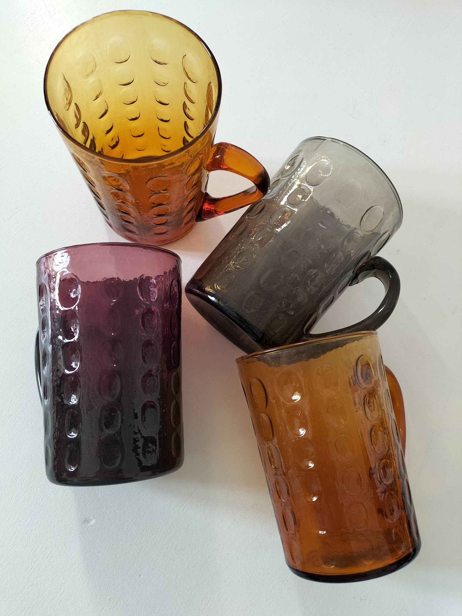 Set of 4 coloured pressed glass mugs, vintage style.