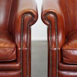 Set of 2 Cognac-Colored Cowhide Leather Club Chairs with Matching Ottoman