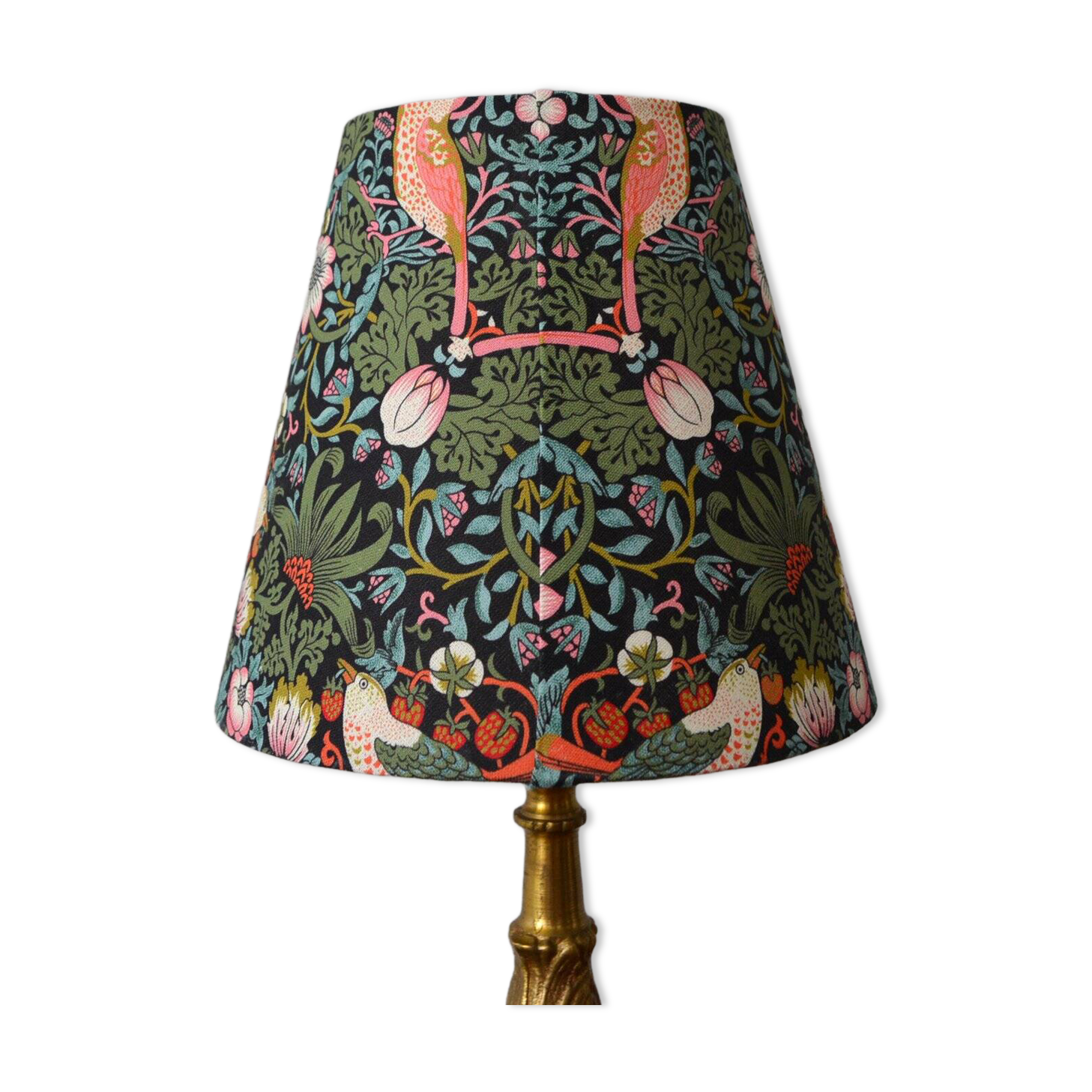 William Morris style lampshade, birds, strawberries, flowers.