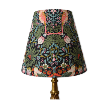 William Morris style lampshade, birds, strawberries, flowers.