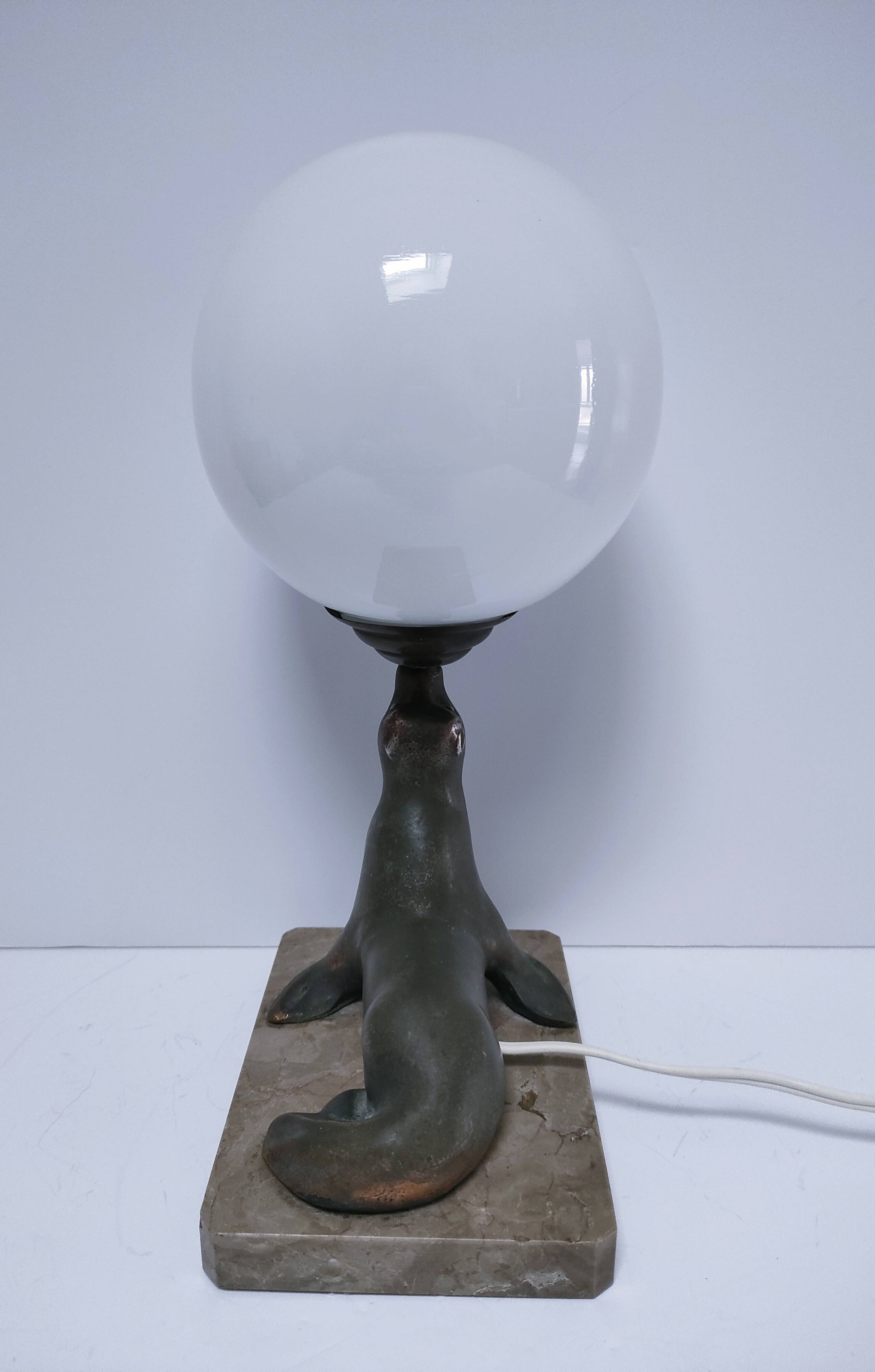 art deco seal lamp marble opaline metal