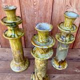 Trio of Tamegroute candlestick holders in enamelled ceramic.