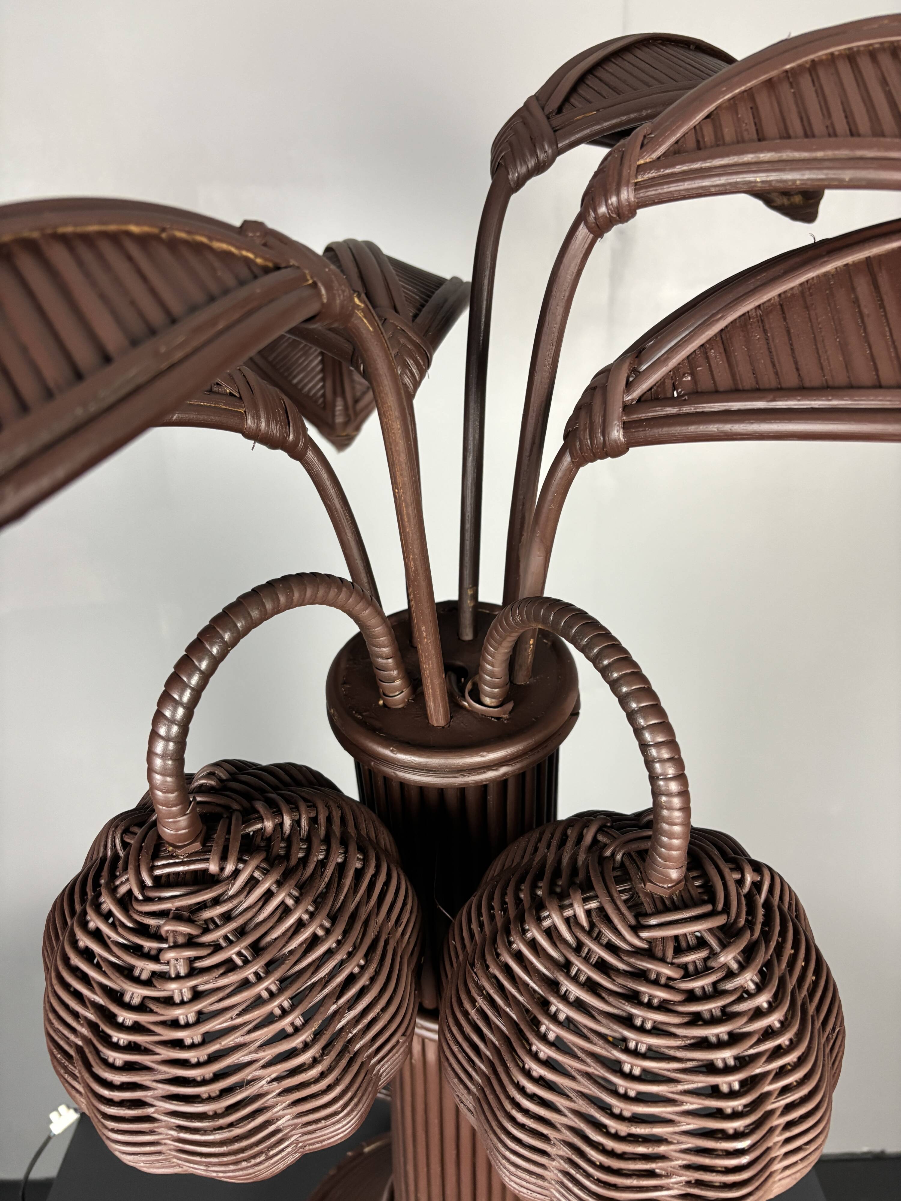 Pencil reed rattan bamboo palm tree coconut table lamp Maro Lopez style 70s