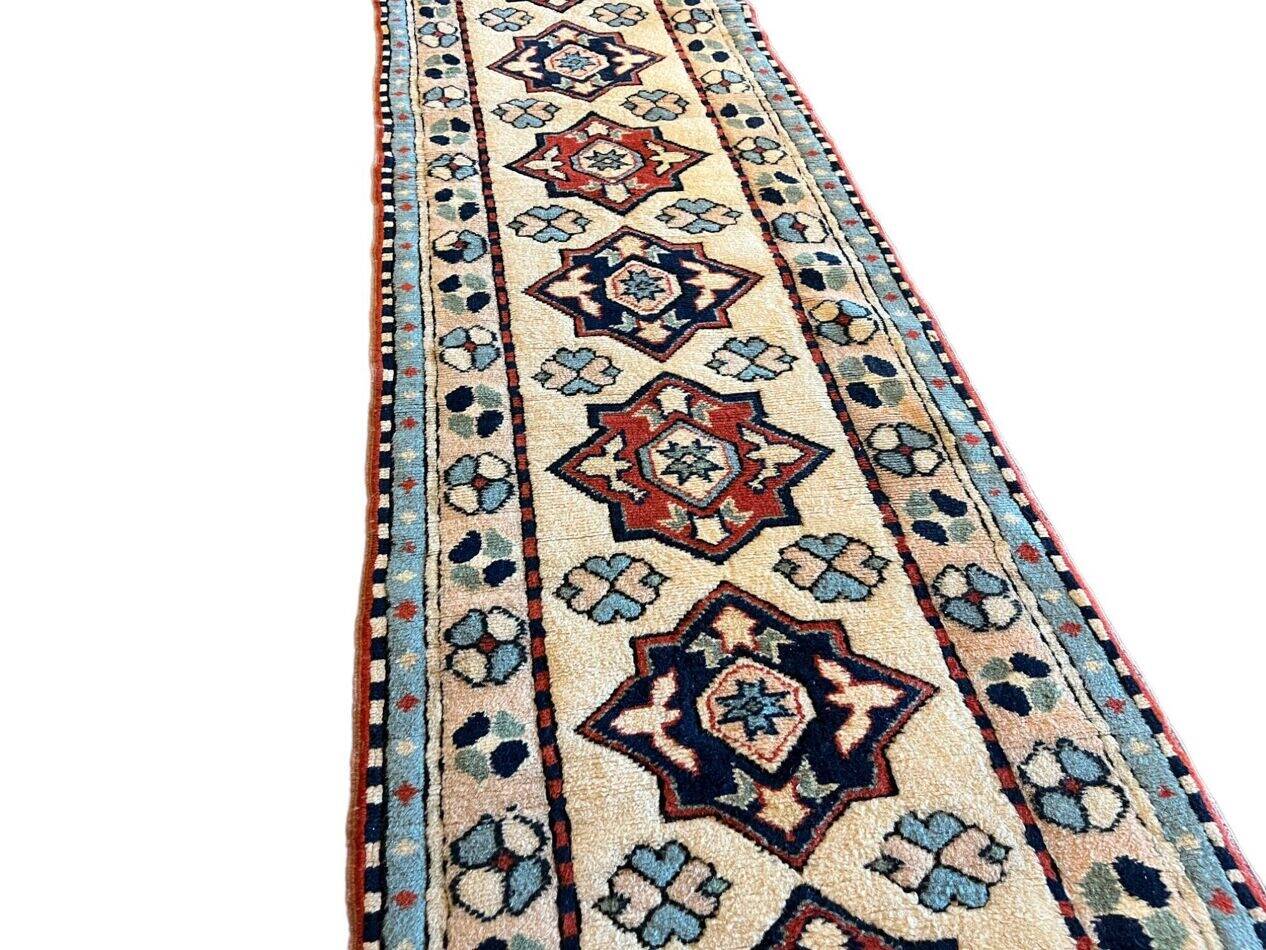Baby Blue and Beige Long Vintage Hallway Runner