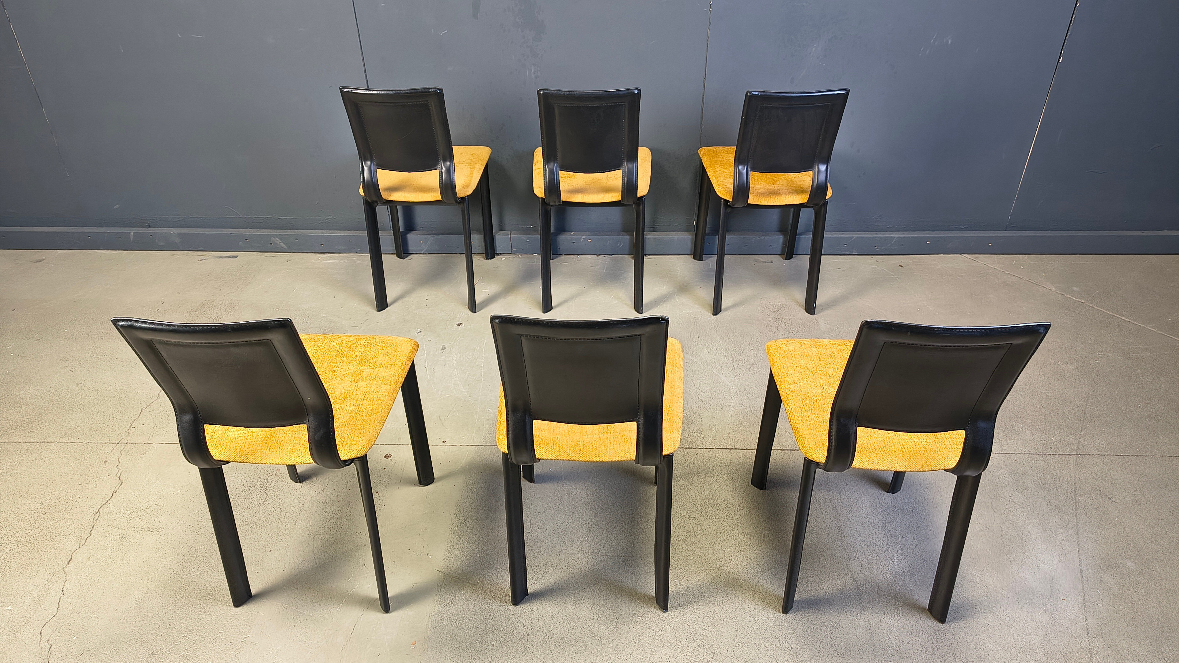 Vintage black leather and yellow fabric dining chairs, set of 6, 1980s