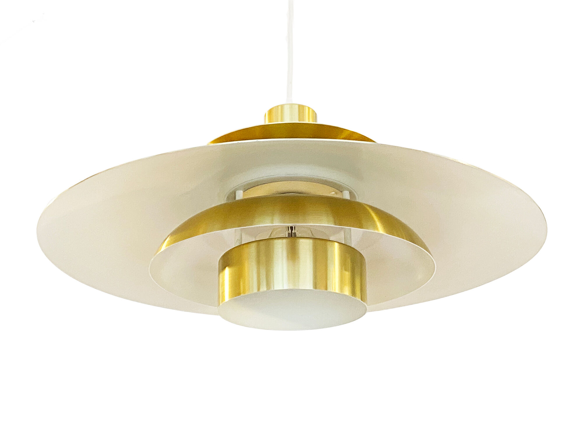 Golden colored aluminum pendant light from Frandsen Lighting. Denmark 1970s