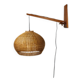 Adjustable mid-century wooden wall lamp with rattan shade, 1970s