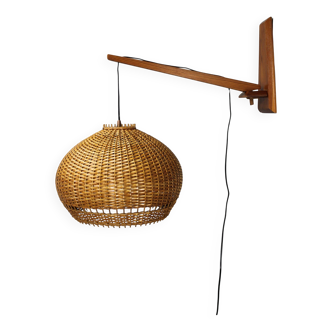 Adjustable mid-century wooden wall lamp with rattan shade, 1970s
