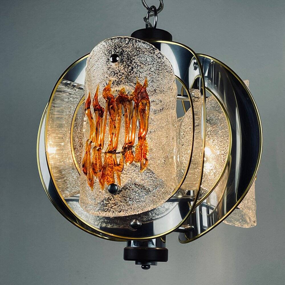 Amber mid-century chrome chandelier by Toni Zuccheri for Veart, Italy, 1970s.