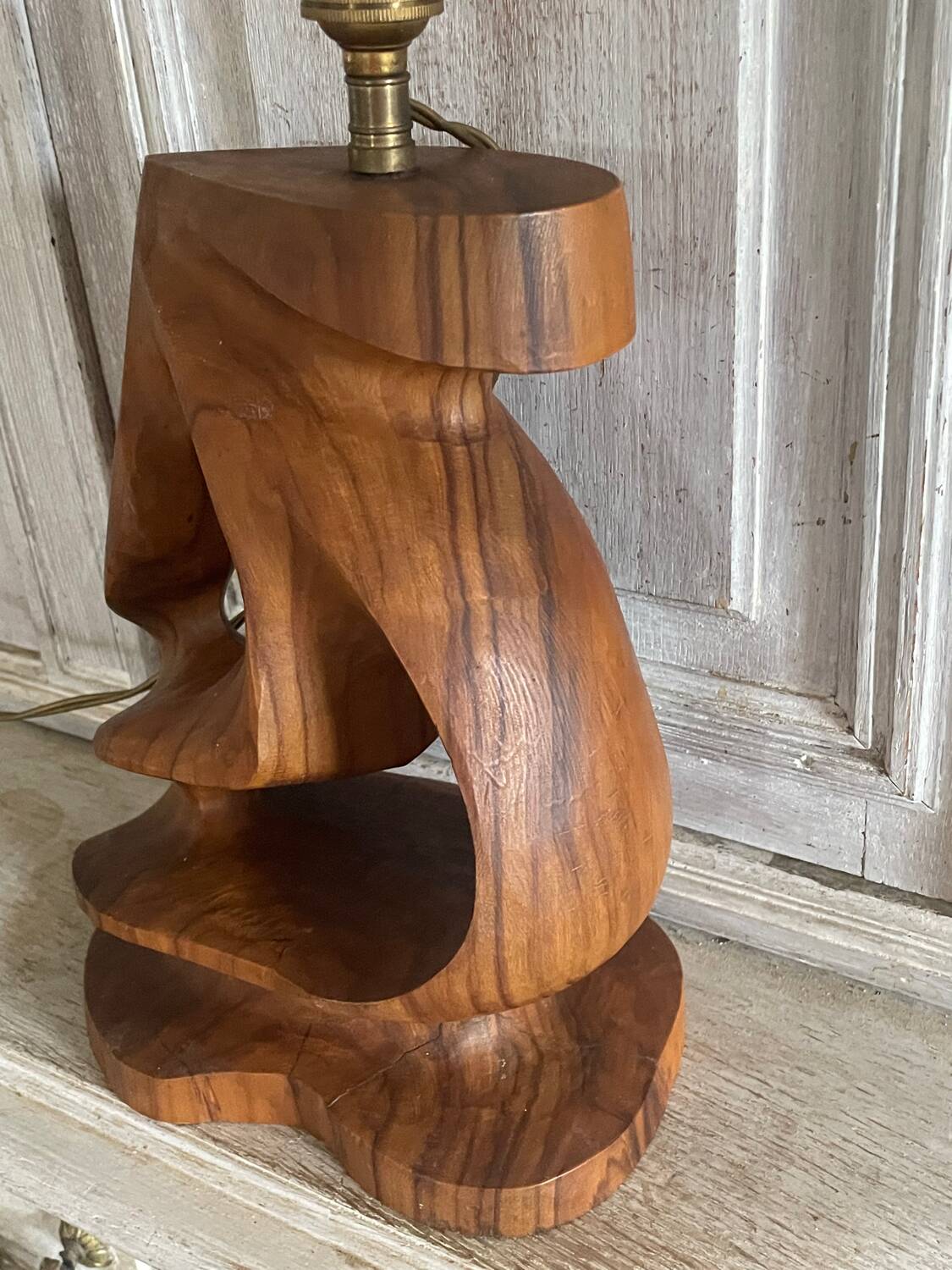 Vintage olive wood carved lamp 59cm