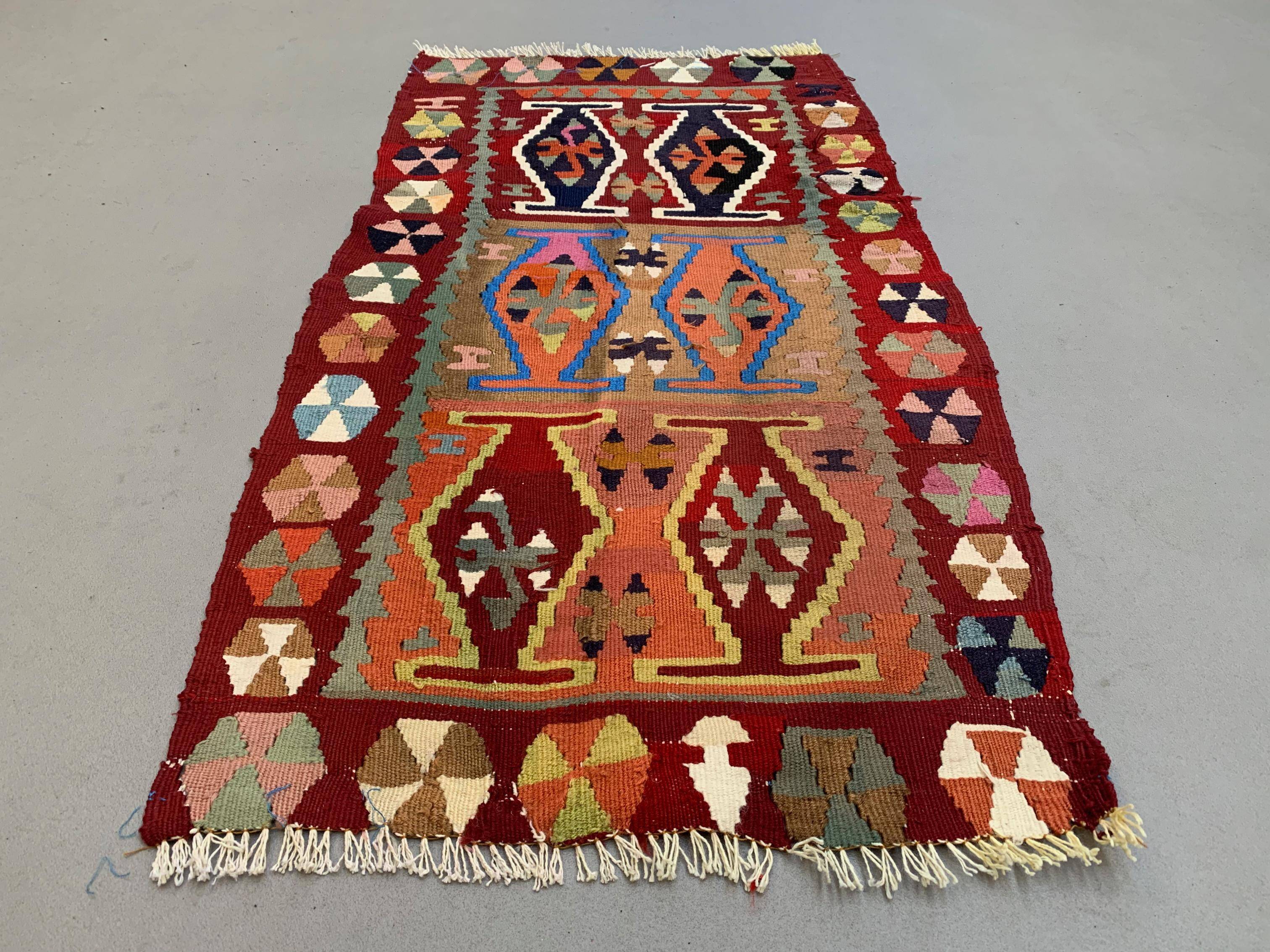 Vintage Turkish Mini Kilim 93x49 cm Wool Small Kelim Runner, shabby Chic
