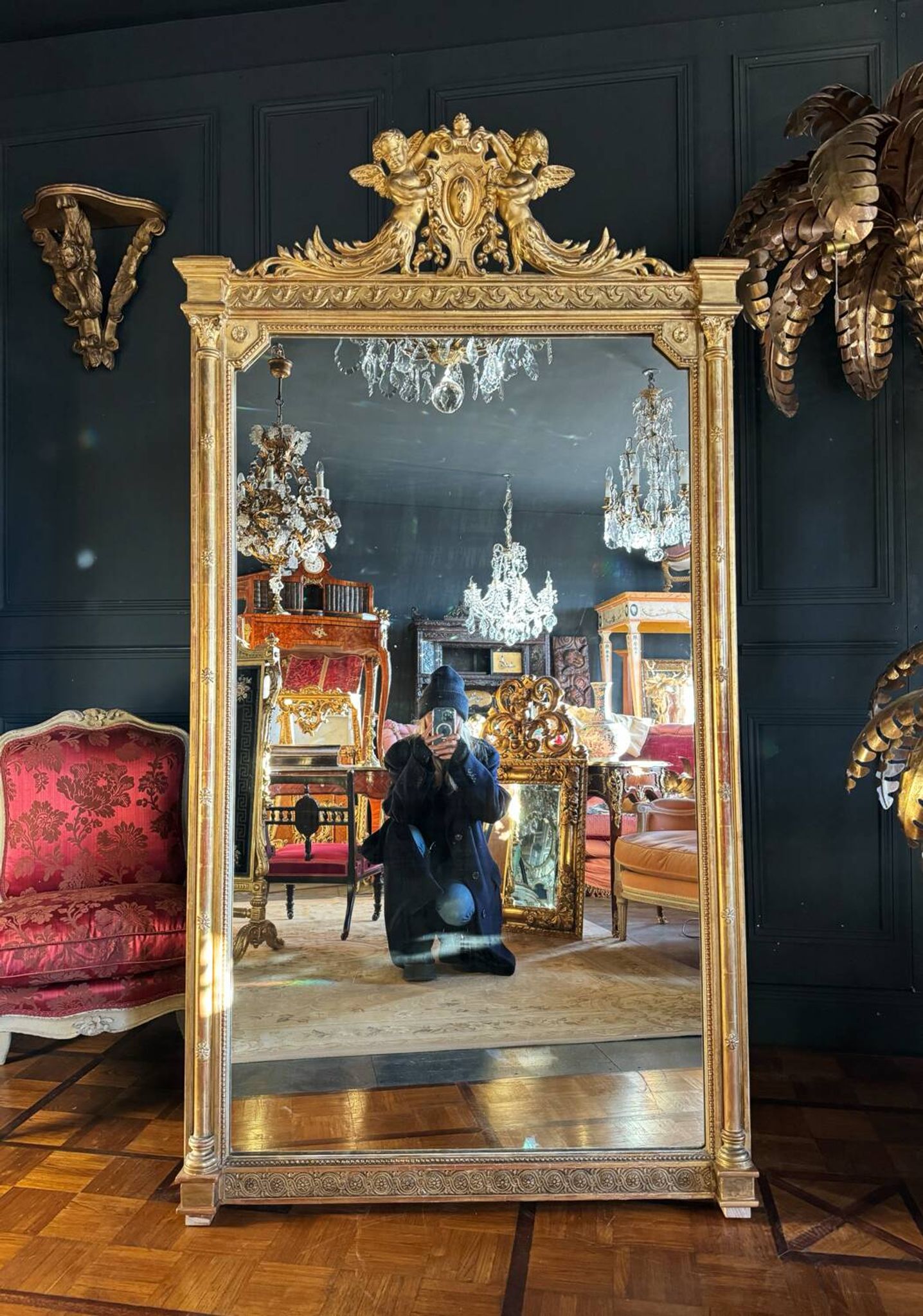 Napoleon iii period fireplace mirror in golden wood with putti decor - 19th century
